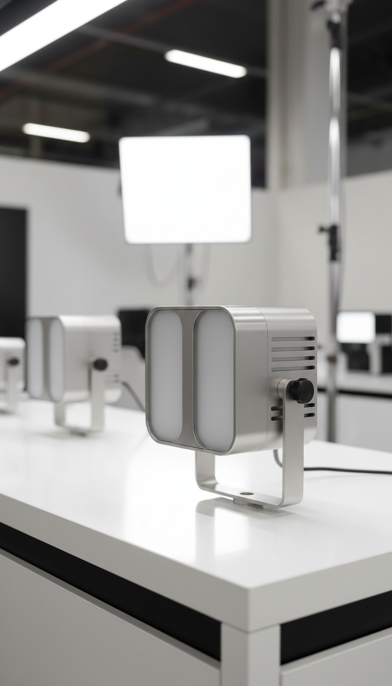 A compact, high-lumen LED production lighting fixture crafted from brushed aluminum with frosted glass diffusers and a robust, articulated mounting base. The subject is positioned on a pristine, glossy white countertop within a meticulously organized retail environment, with other modern lighting accessories softly visible in the mid-ground. Bright, diffused overhead studio lighting gently highlights the fixture's textures and forms crisp, balanced shadows. The overall mood is confident and steady, projecting innovation and reliability. Framed using the rule of thirds from a slightly elevated viewpoint, the image maintains a minimalist, photographic realism and aligns perfectly with a clean, corporate site personality.