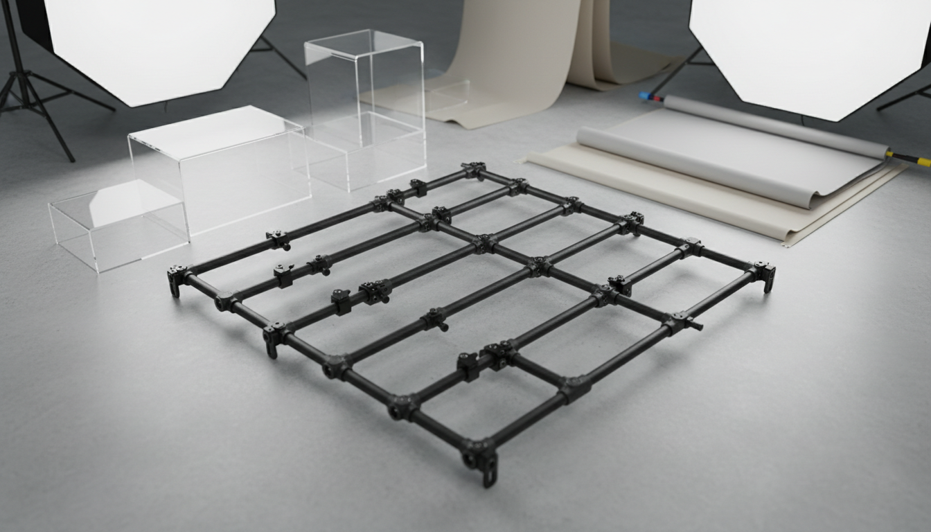 A modular carbon fiber camera rig system with matte black rods, anodized metal joints, and sleek adjustable mounting brackets, carefully assembled on a lightly textured concrete surface. Nearby, clear acrylic product display risers and neutral-toned backdrops suggest a premium retail setting, free from distractions. The environment is bathed in pure, even overhead lighting, creating a sense of technical precision by producing crisp, undistorted shadows beneath each component. The atmosphere is modern, precise, and quietly authoritative. Composed from a top-down bird’s eye view with structured, grid-based spacing, the style is photographic realism, reinforcing the site’s professional branding.