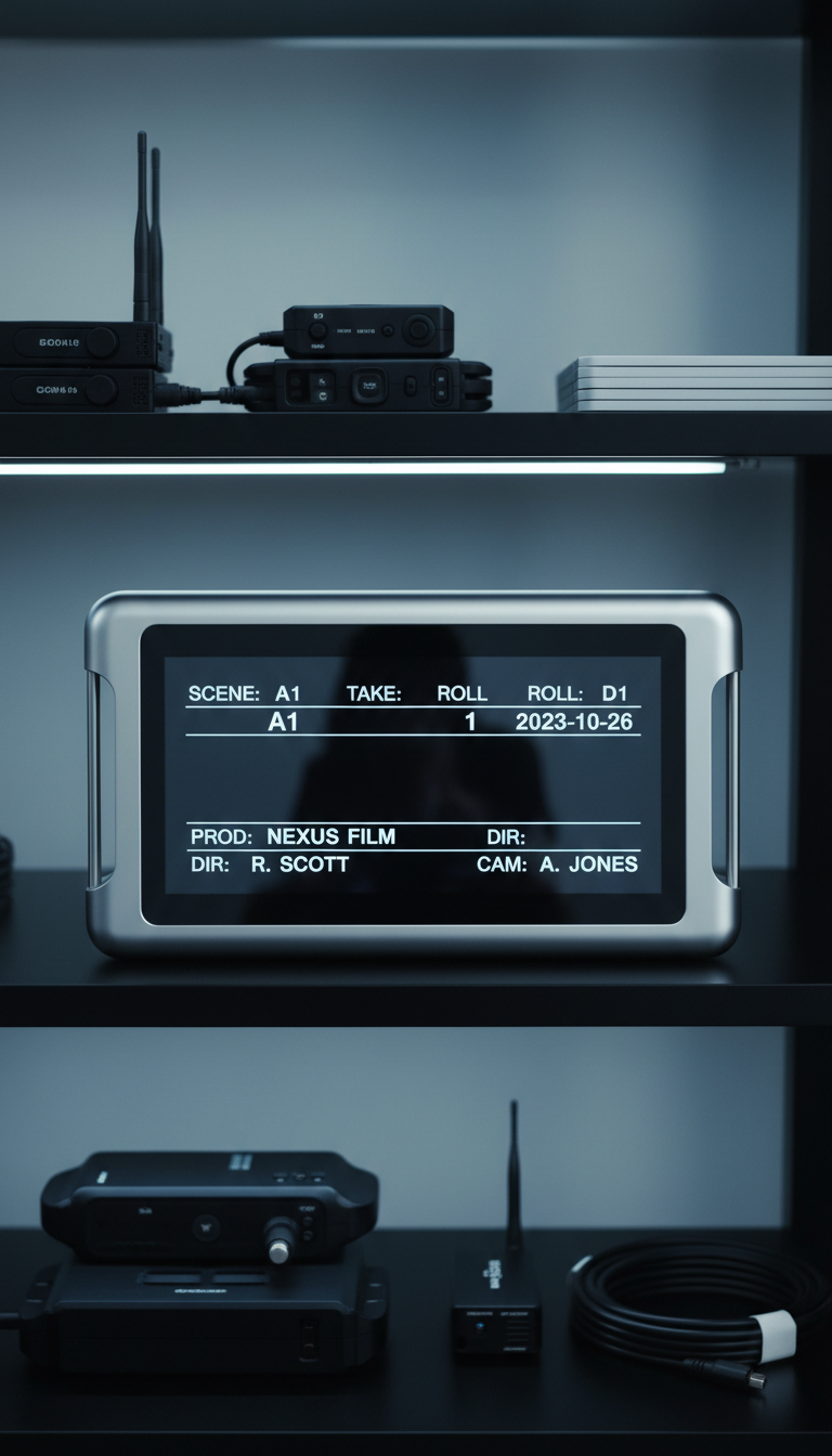 A digital clapperboard with a high-res LCD slate, brushed aluminum side rails, and seamless tactile edges, perfectly aligned on a jet-black lacquered shelving unit in the foreground. In the background, neatly stacked accessories such as wireless transmitters and production slates are softly out of focus yet orderly. Cool-toned studio lighting casts subtle reflections along the clapperboard’s smooth surface while maintaining shadow clarity for depth. The mood is focused and forward-thinking, suggesting innovation in film tools. Captured at a straight-on angle for clarity and balanced proportions, this image utilizes crisp, photographic sharpness and neutral tones to embody a sophisticated, corporate visual identity.