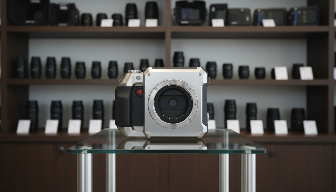 A sleek stainless steel digital cinema camera body with precise geometric lines, matte black finish, and subtle chrome accents, set neatly atop a modern glass-and-aluminum display pedestal. The background reveals blurred, inviting shelves stocked with various high-tech production equipment, all arranged in symmetrical rows. Illuminated by clean, neutral-toned overhead LED panels, the scene highlights the camera's reflective surfaces and sharp contours, producing subtle, balanced shadows. The mood is calm and highly professional, with an emphasis on precision and sophistication. Photographed straight on at eye level, the composition centers the camera with a sharp focus throughout, adhering to a structured, corporate aesthetic fitting for an advanced movie production equipment store.