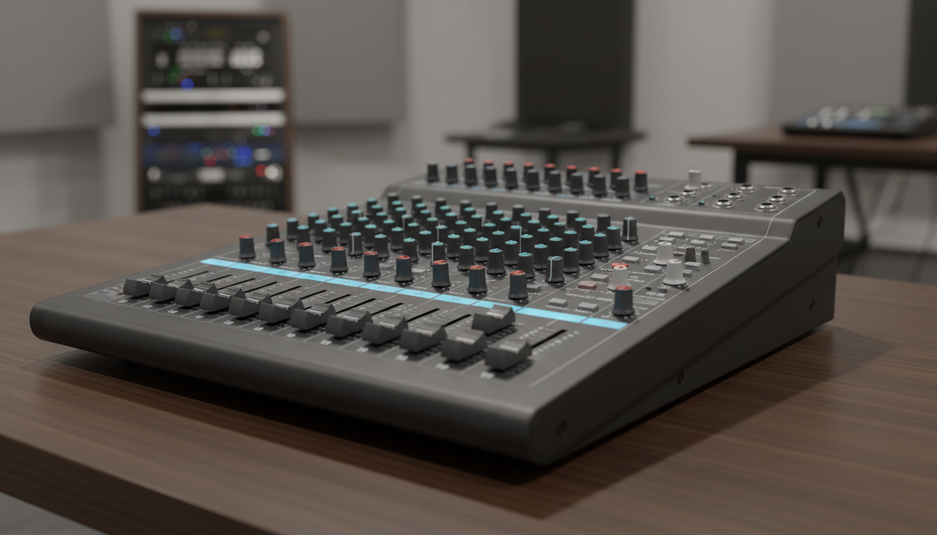 A precise, professional-grade sound mixer panel featuring a matte charcoal-gray surface, tactile silicone knobs, glimmering LED sliders, and laser-etched labels. The sound mixer rests atop a streamlined, dark walnut table with subtle grain, surrounded by an uncluttered, softly blurred production studio showroom. Soft diffused lighting from above creates elegant highlights along the edges and gentle shadows under the controls, evoking a disciplined yet approachable mood. Captured from an angled perspective that emphasizes depth and dimension, the image offers a polished, structured layout reflecting the high standards of a production equipment store. The overall style is clean, photographic, and highly detailed.