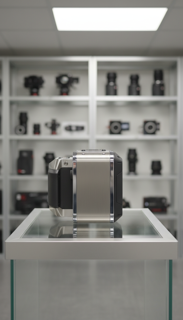 A sleek stainless steel digital cinema camera body with precise geometric lines, matte black finish, and subtle chrome accents, set neatly atop a modern glass-and-aluminum display pedestal. The background reveals blurred, inviting shelves stocked with various high-tech production equipment, all arranged in symmetrical rows. Illuminated by clean, neutral-toned overhead LED panels, the scene highlights the camera's reflective surfaces and sharp contours, producing subtle, balanced shadows. The mood is calm and highly professional, with an emphasis on precision and sophistication. Photographed straight on at eye level, the composition centers the camera with a sharp focus throughout, adhering to a structured, corporate aesthetic fitting for an advanced movie production equipment store.